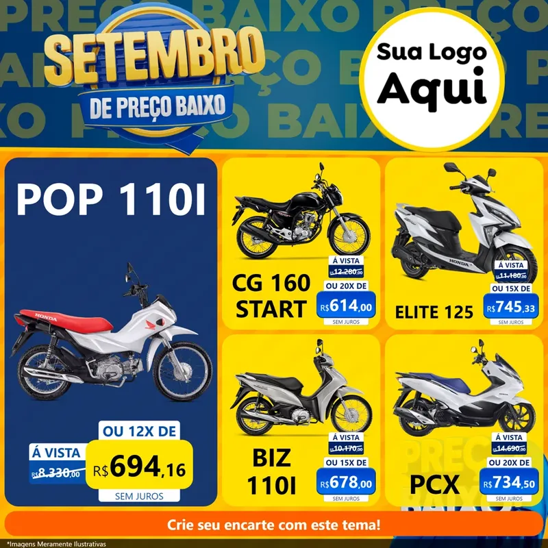 Modelo de Rede Social para Feed Facebook com o tema Setembro De Preço Baixo para Concessionaria de Motos
