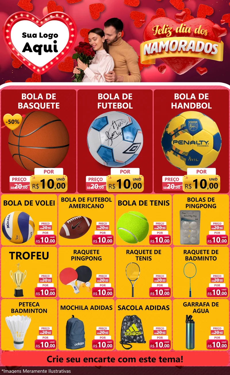Modelo de Encarte para Encarte Grande com o tema Feliz Dia Dos Namorados para Artigos Esportivos