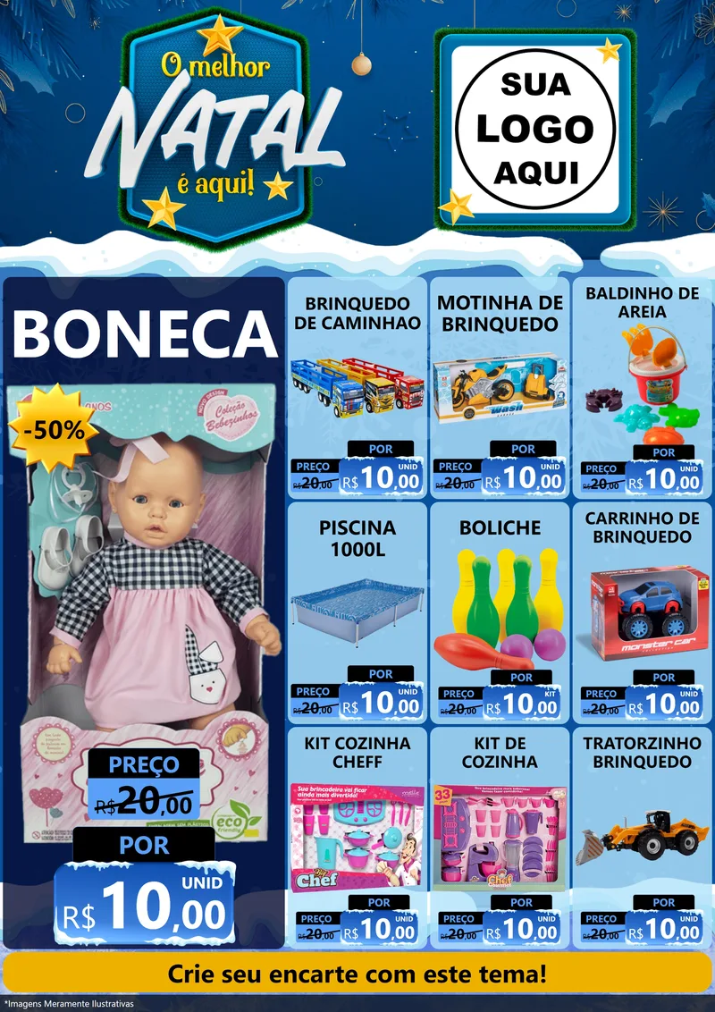 Modelo de Encarte para Encarte A4 Vertical com o tema O Melhor Natal É Aqui! para Brinquedos