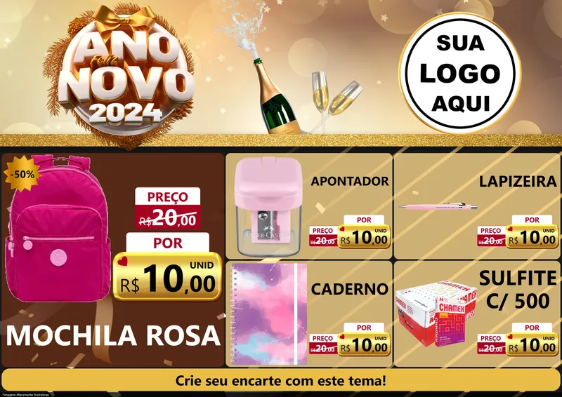 Modelo de Encarte para Encarte A4 Horizontal com o tema Feliz Ano Novo 2027 para Papelaria