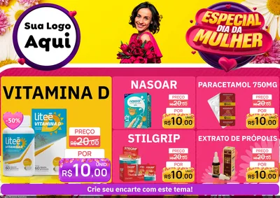 Modelo de Encarte para Encarte A4 Horizontal com o tema Especial Dia da Mulher para Farmácia