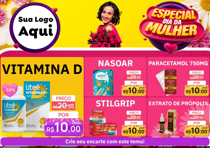 Modelo de Encarte para Encarte A4 Horizontal com o tema Especial Dia da Mulher para Farmácia