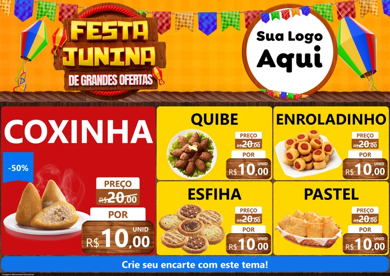 Modelo de Encarte para Encarte A4 Horizontal com o tema Festa Junina de Grandes Ofertas para Salgadaria