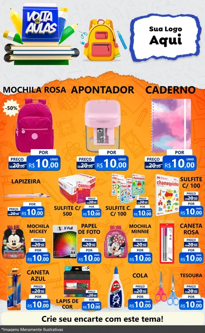 Modelo de Encarte para Encarte Grande com o tema Volta às Aulas para Papelaria