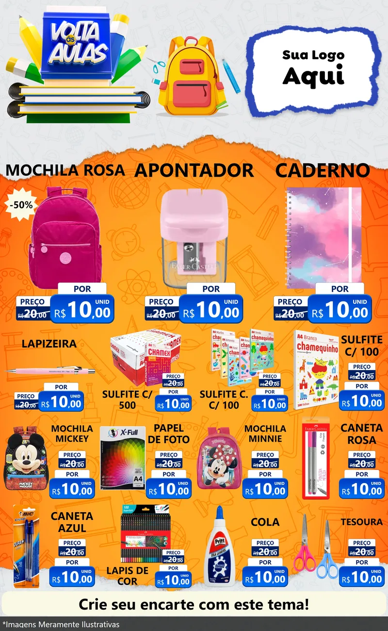 Modelo de Encarte para Encarte Grande com o tema Volta às Aulas para Papelaria