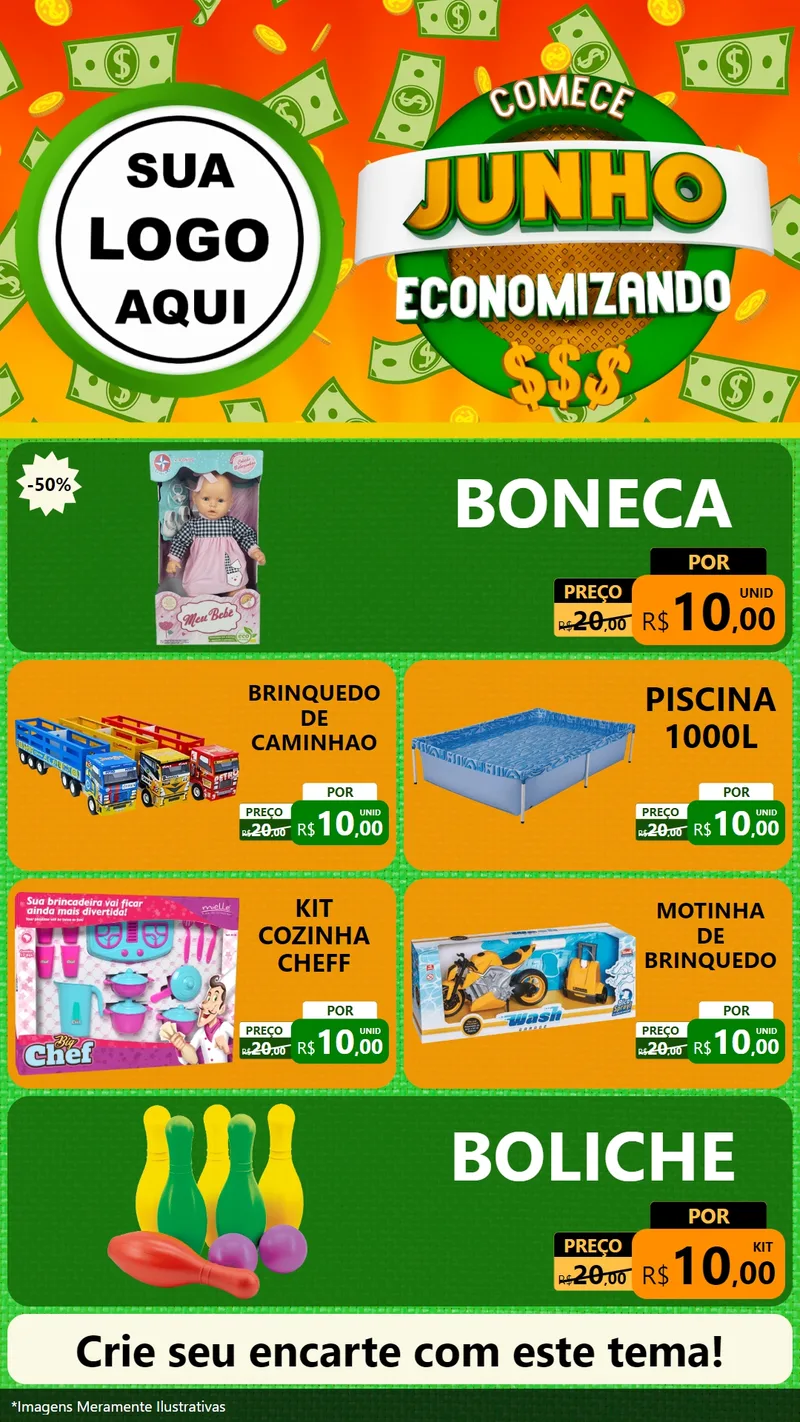 Modelo de TV para TV Vertical com o tema Comece Junho Economizando para Brinquedos