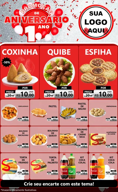 Modelo de Encarte para Encarte Grande com o tema Promoção de Aniversário - 1 Ano para Salgadaria
