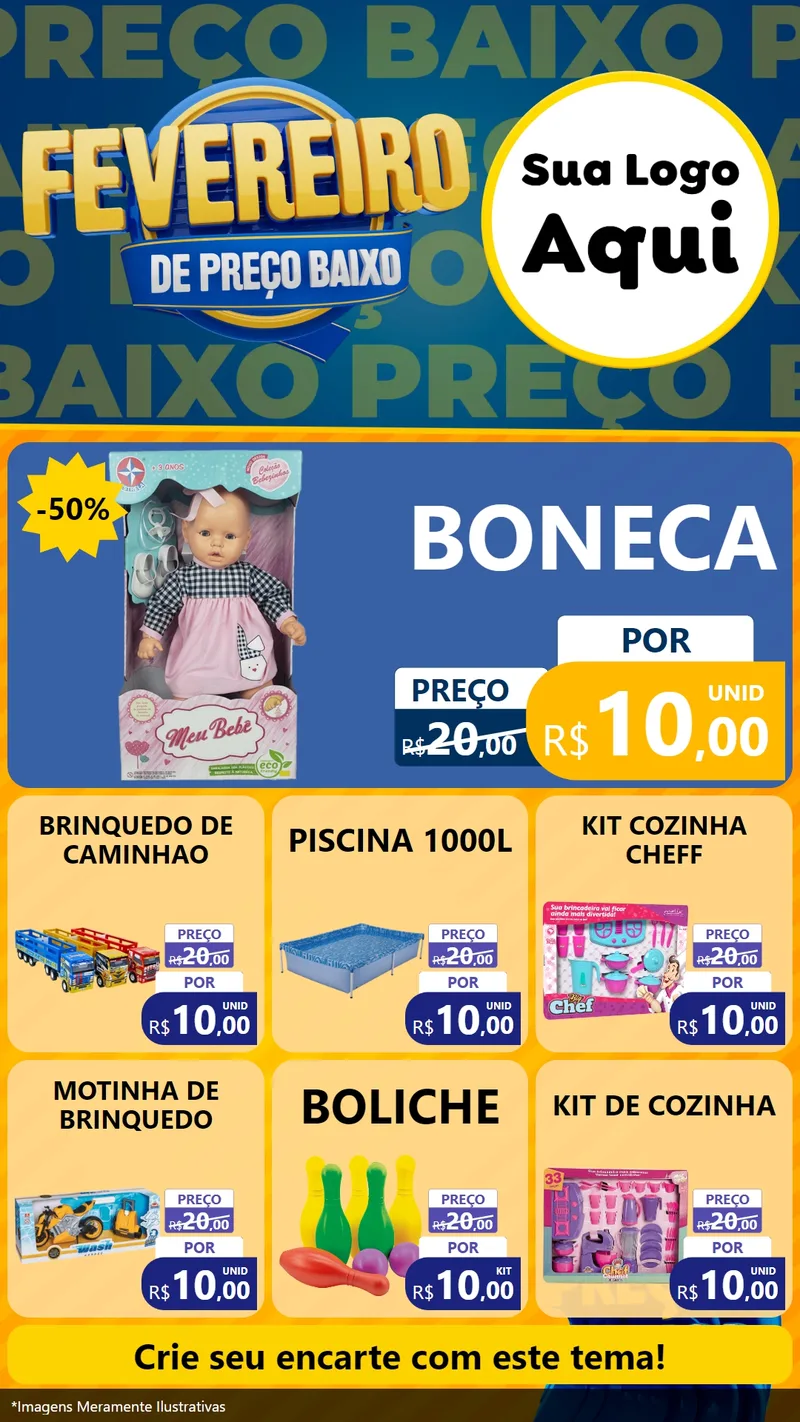 Modelo de Rede Social para Stories com o tema Fevereiro de Preço Baixo para Brinquedos