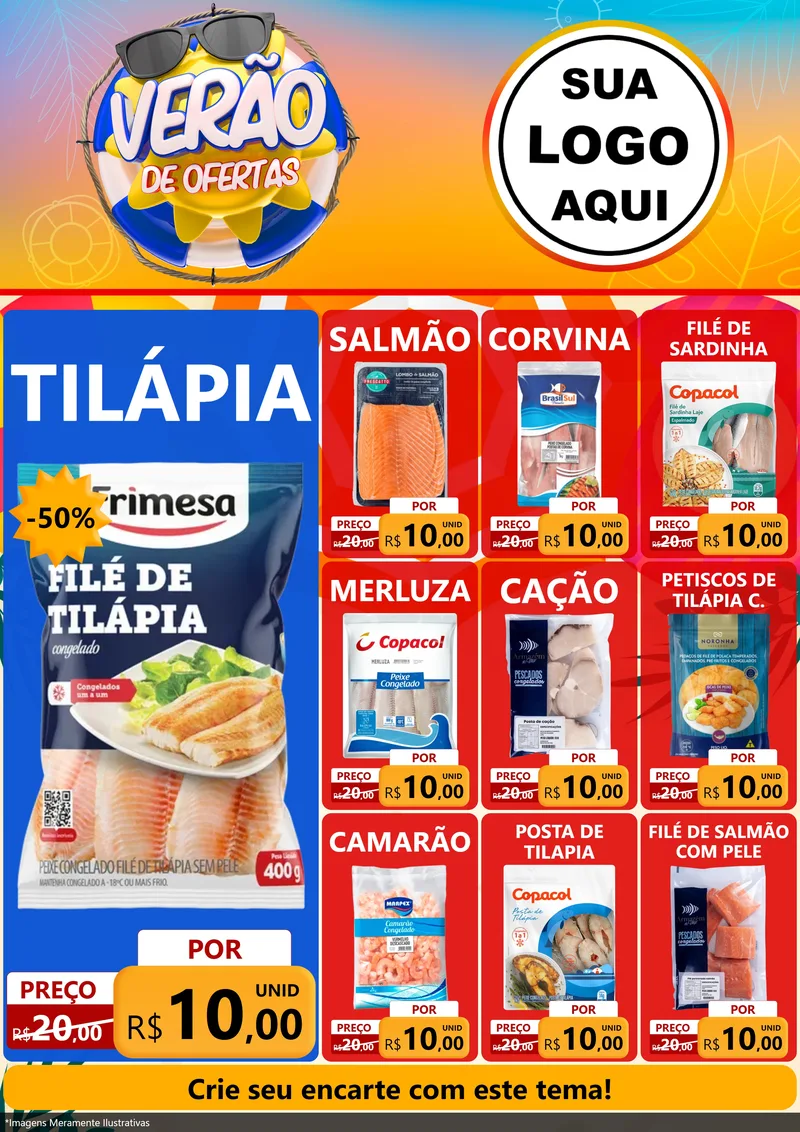 Modelo de Encarte para Encarte A4 Vertical com o tema Verão de Ofertas para Peixaria