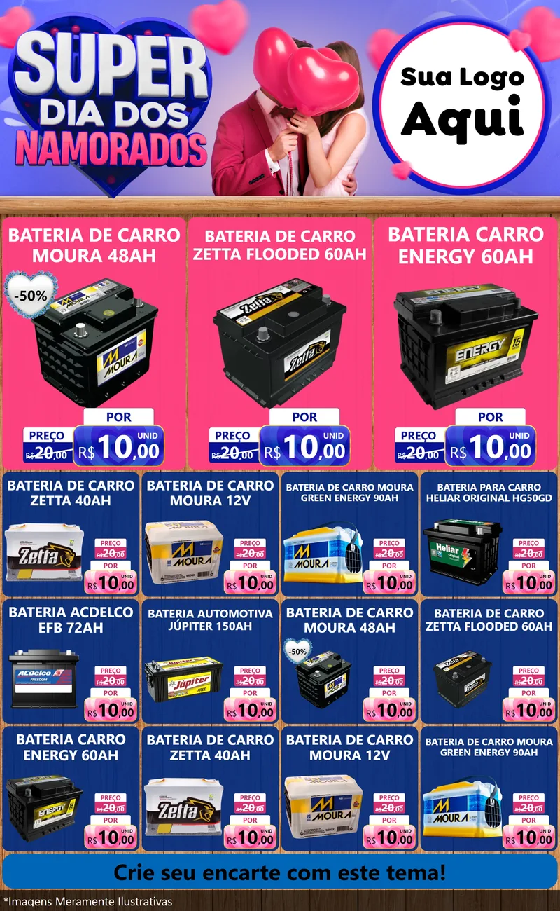 Modelo de Encarte para Encarte Grande com o tema Super Dia dos Namorados para Baterias Elétricas