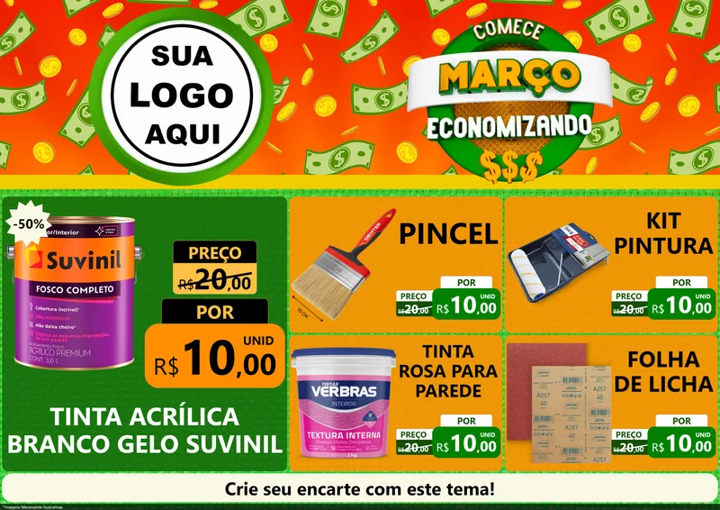 Modelo de Encarte para Encarte A4 Horizontal com o tema Comece Março Economizando para Tintas e Ferramentas