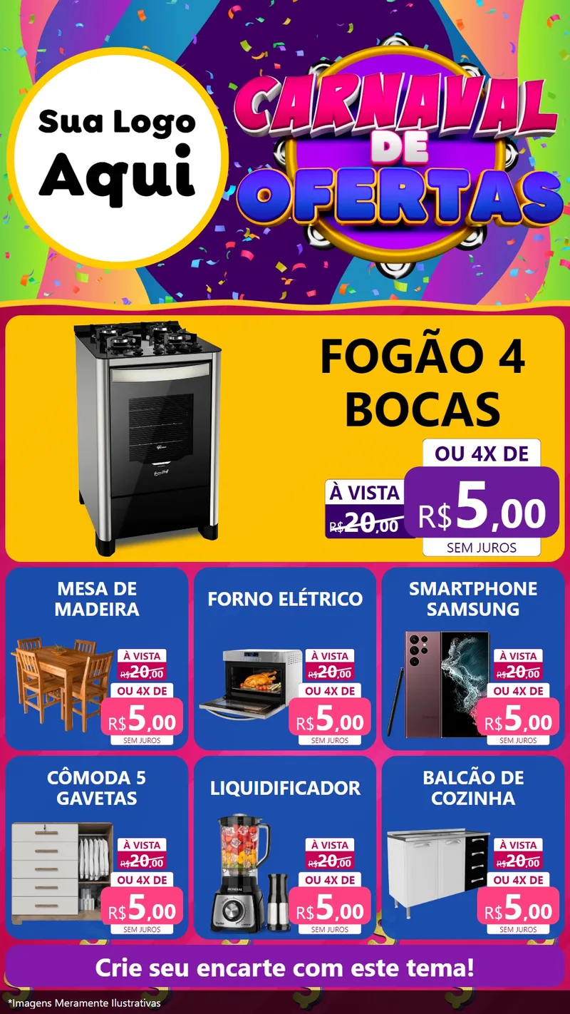 Modelo de Rede Social para Stories com o tema Carnaval de Ofertas para Móveis e Eletro