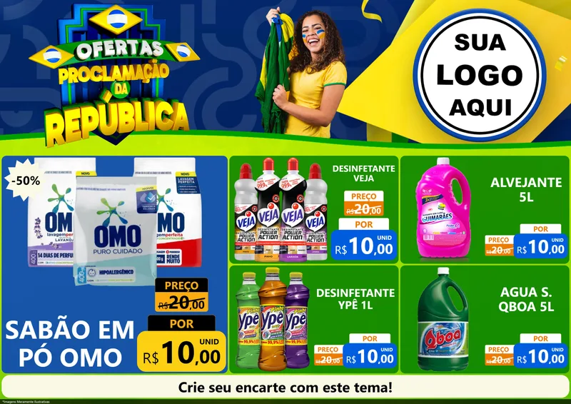 Modelo de Encarte para Encarte A4 Horizontal com o tema Ofertas Proclamação da República para Produtos de Limpeza