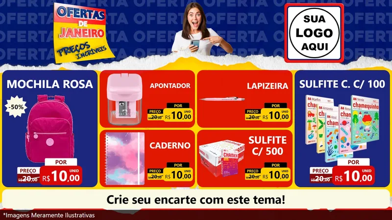 Modelo de TV para TV Horizontal com o tema Ofertas de Janeiro - Preços Incríveis para Papelaria