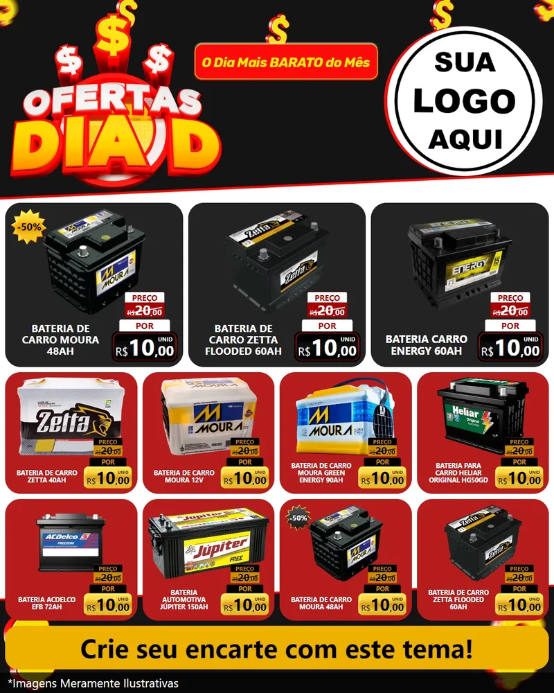 Modelo de Rede Social para Feed Instagram com o tema Ofertas Dia D para Baterias Elétricas