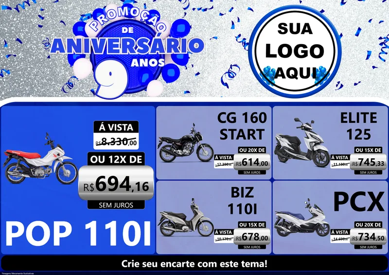 Modelo de Encarte para Encarte A4 Horizontal com o tema Promoção de Aniversário - 9 Anos para Concessionaria de Motos