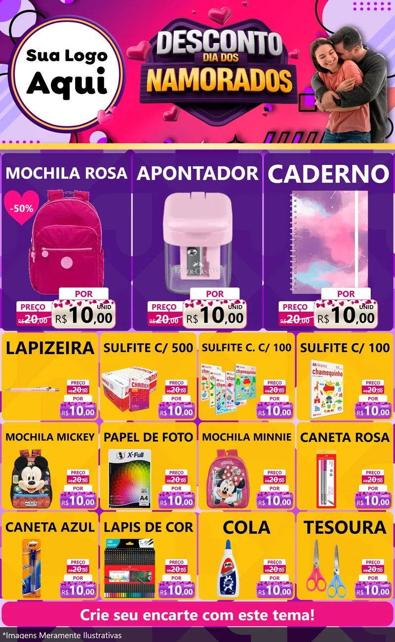 Modelo de Encarte para Encarte Grande com o tema Desconto Dia dos Namorados para Papelaria