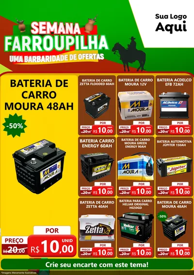 Modelo de Encarte para Encarte A4 Vertical com o tema Semana Farroupilha - Uma Barbaridade de Ofertas para Baterias Elétricas
