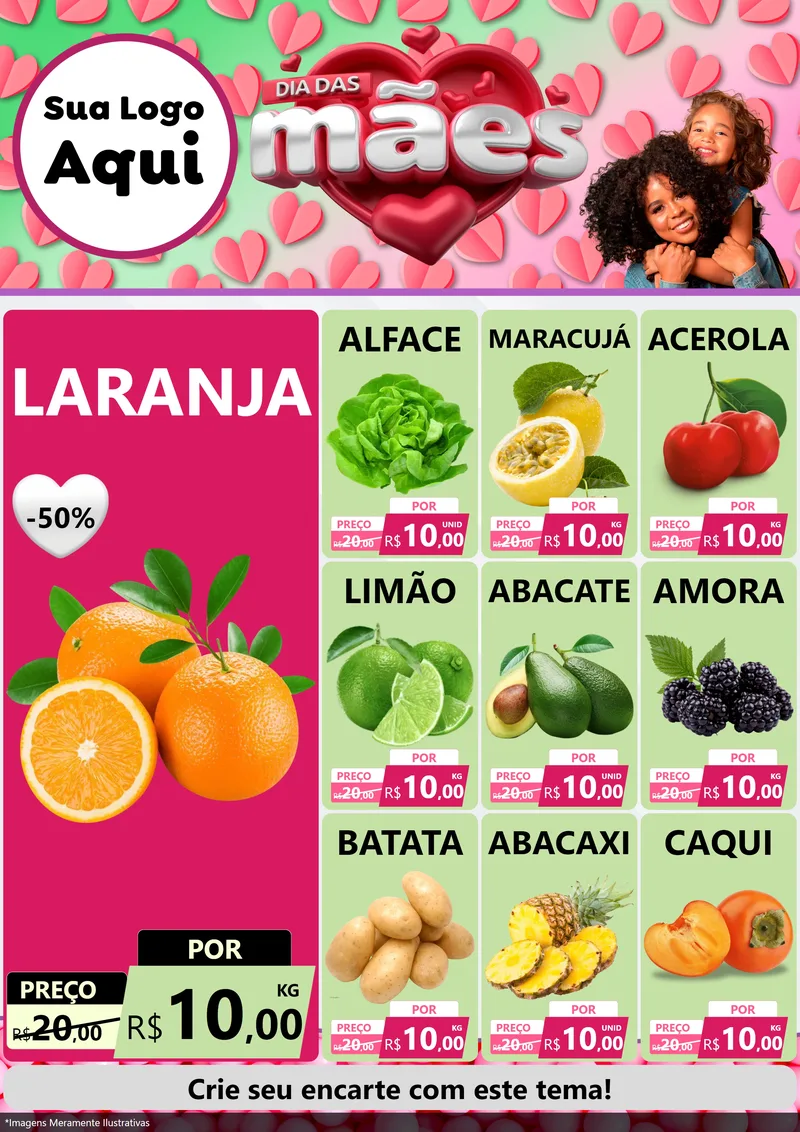 Modelo de Encarte para Encarte A4 Vertical com o tema Dia das Mães para Hortifrúti
