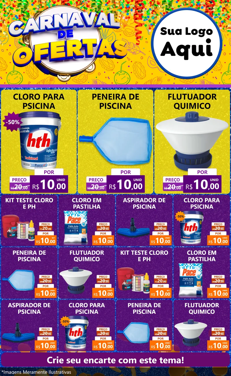 Modelo de Encarte para Encarte Grande com o tema Carnaval de Ofertas para Produtos para Piscina