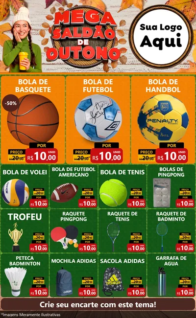 Modelo de Encarte para Encarte Grande com o tema Mega Saldão de Outono para Artigos Esportivos
