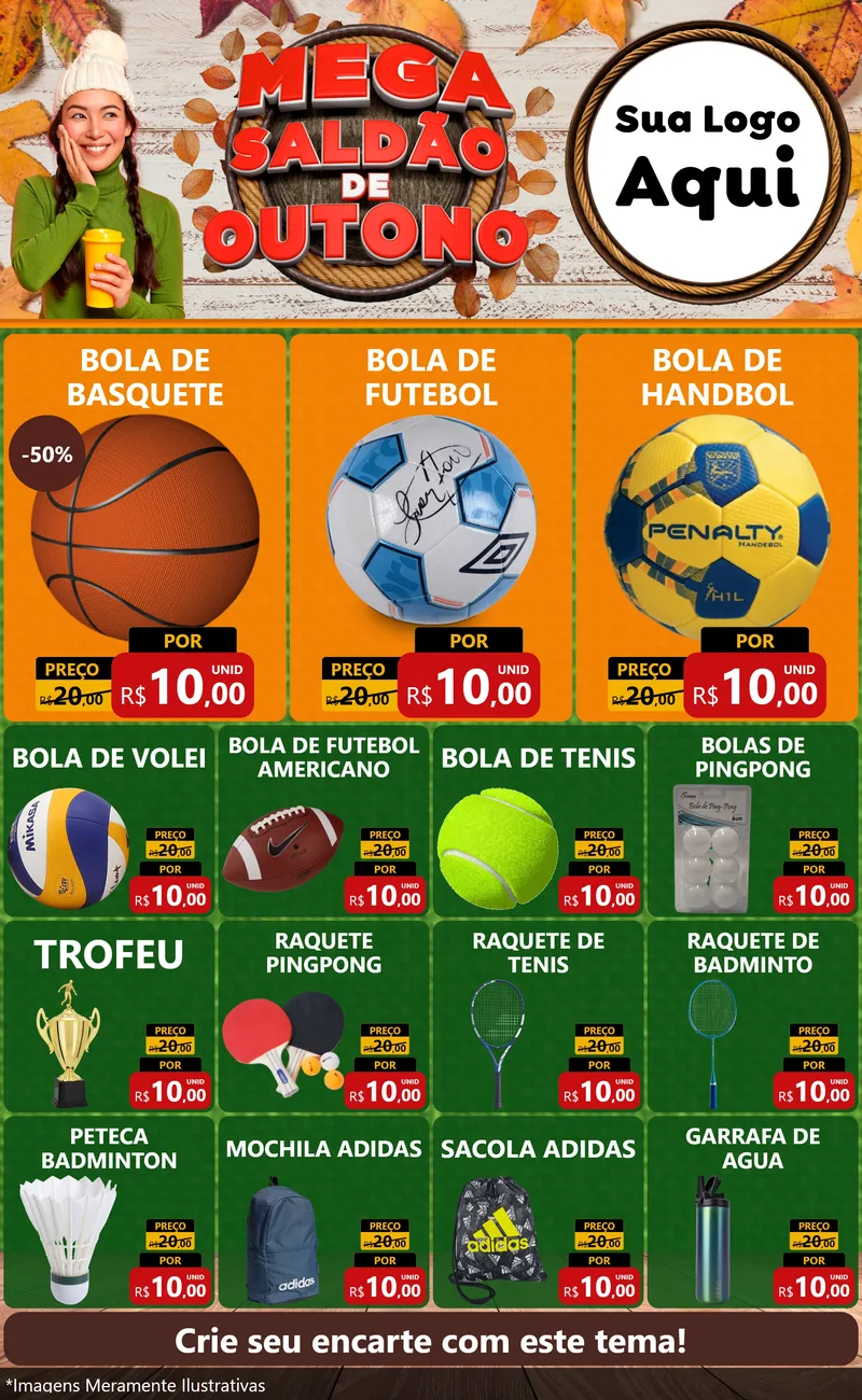 Modelo de Encarte para Encarte Grande com o tema Mega Saldão de Outono para Artigos Esportivos
