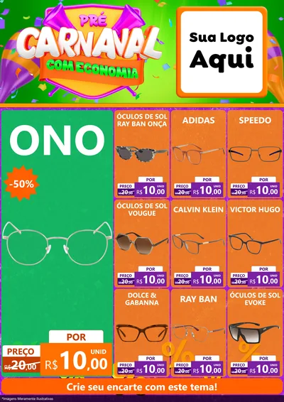 Modelo de Encarte para Encarte A4 Vertical com o tema Pré-Carnaval Com Economia para Óticas
