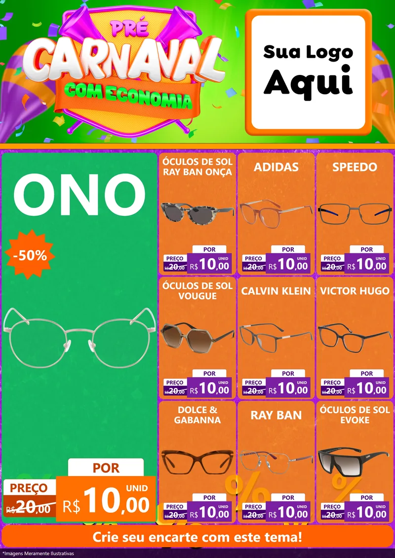 Modelo de Encarte para Encarte A4 Vertical com o tema Pré-Carnaval Com Economia para Óticas