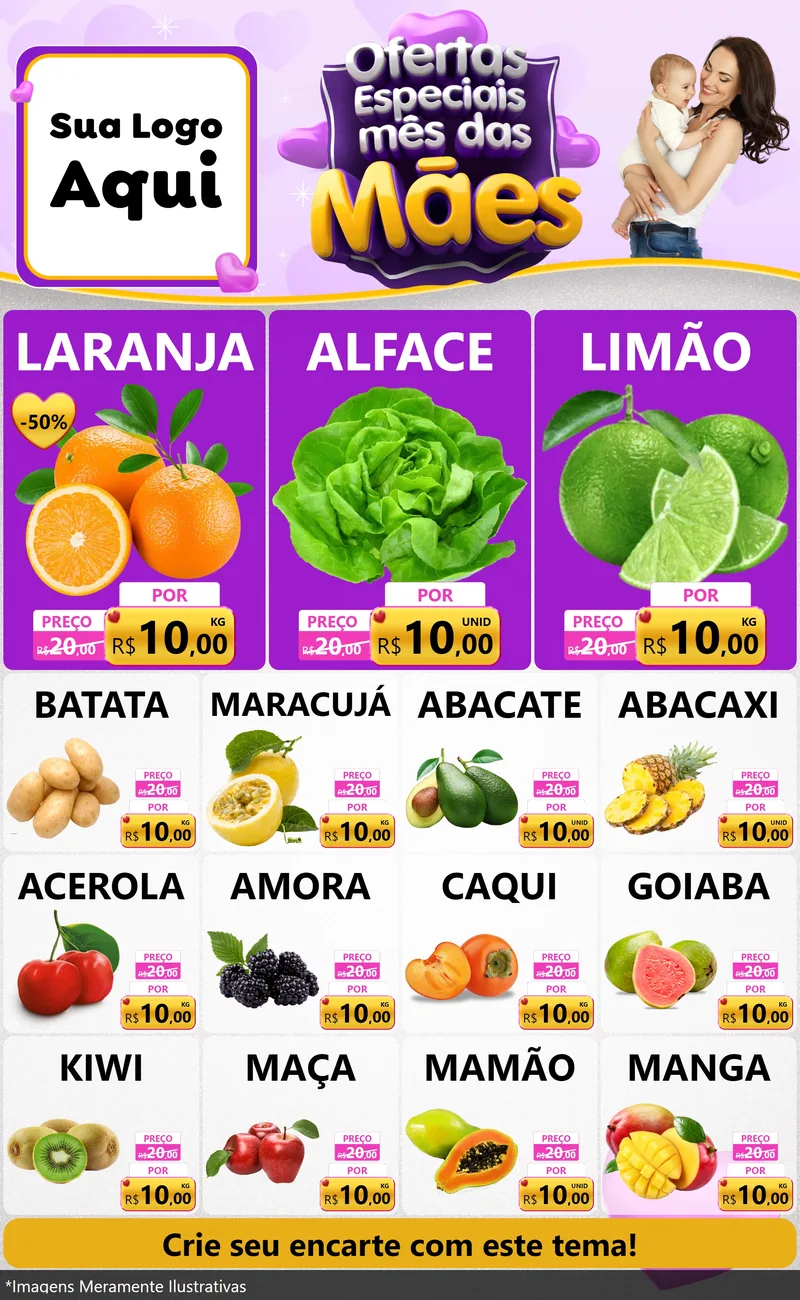 Modelo de Encarte para Encarte Grande com o tema Ofertas Especiais - Mês das Mães para Hortifrúti