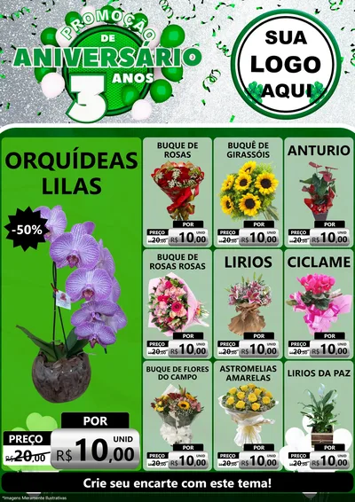 Modelo de Encarte para Encarte A4 Vertical com o tema Promoção de Aniversário - 3 Anos para Floricultura e jardim