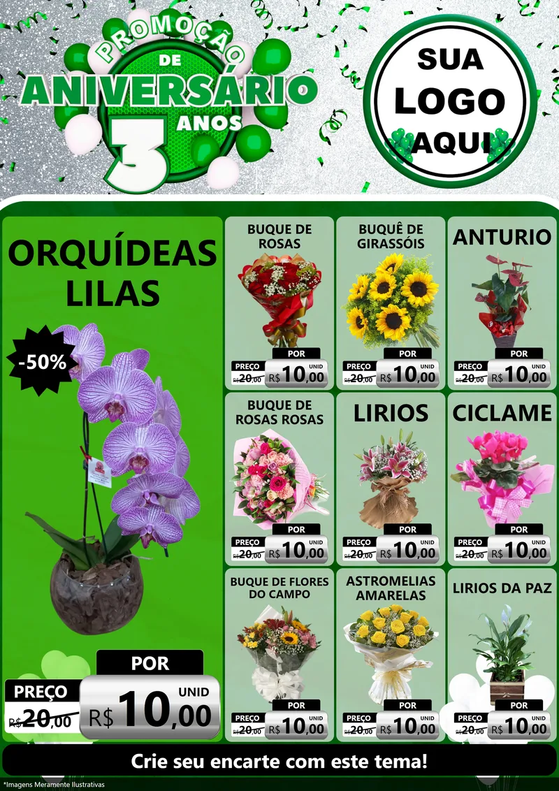 Modelo de Encarte para Encarte A4 Vertical com o tema Promoção de Aniversário - 3 Anos para Floricultura e jardim