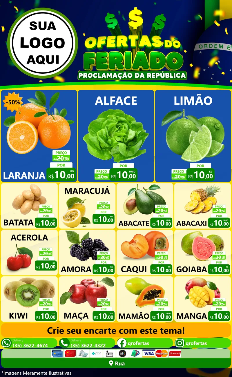 Modelo de Encarte para Encarte Grande com o tema Ofertas do Feriado - Proclamação da República para Hortifrúti