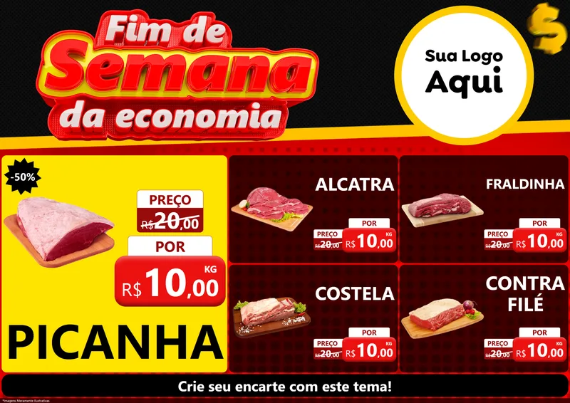 Modelo de Encarte para Encarte A4 Horizontal com o tema Fim de Semana da Economia para Açougue