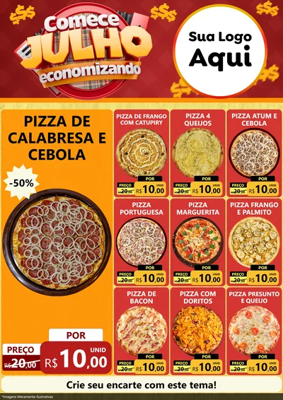 Modelo de Encarte para Encarte A4 Vertical com o tema Comece Julho Economizando para Pizzaria