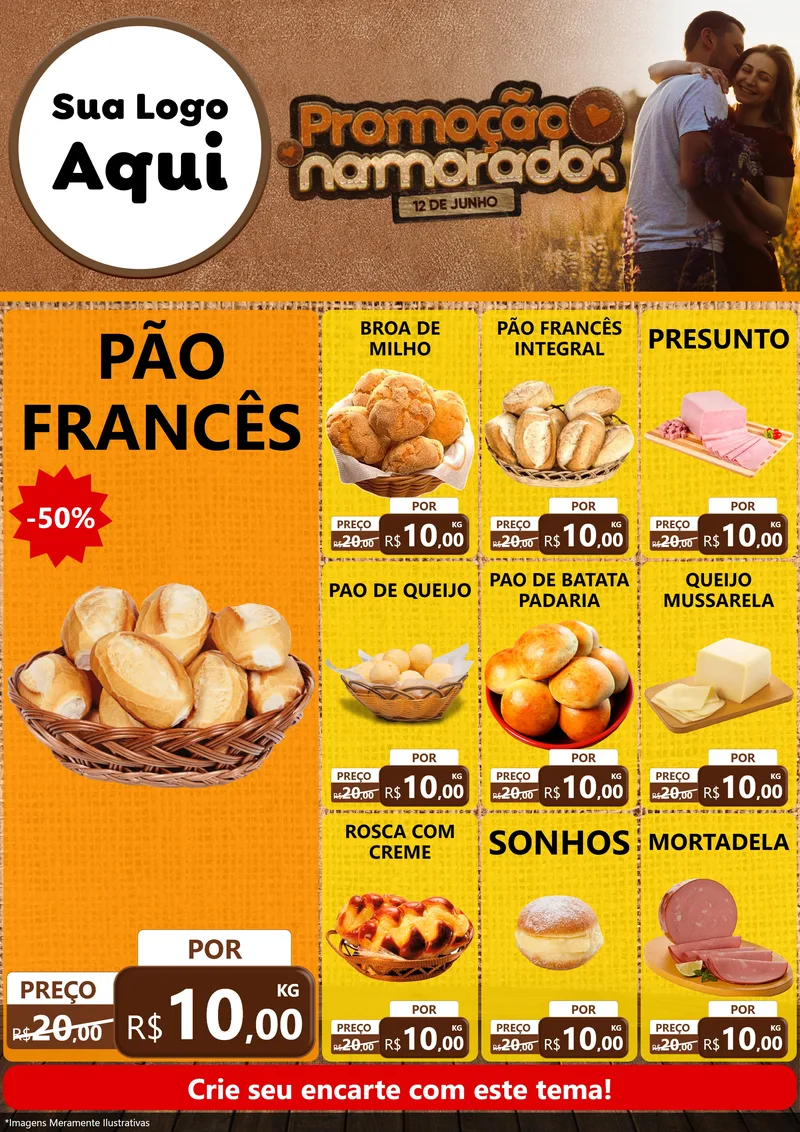 Modelo de Encarte para Encarte A4 Vertical com o tema Promoção Namorados para Padaria