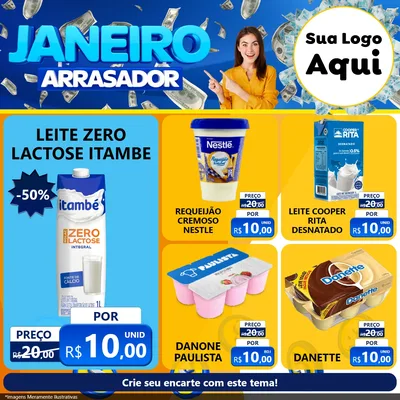 Modelo de Rede Social para Feed Facebook com o tema Janeiro Arrasador para Frios e Laticínios