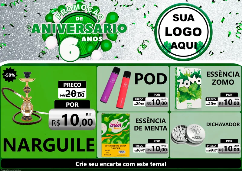 Modelo de Encarte para Encarte A4 Horizontal com o tema Promoção de Aniversário - 6 Anos para Tabacaria