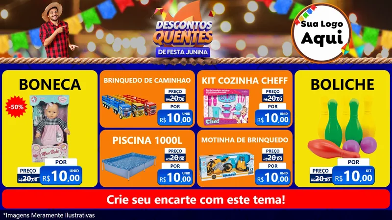 Modelo de TV para TV Horizontal com o tema Descontos Quentes de Festa Junina para Brinquedos