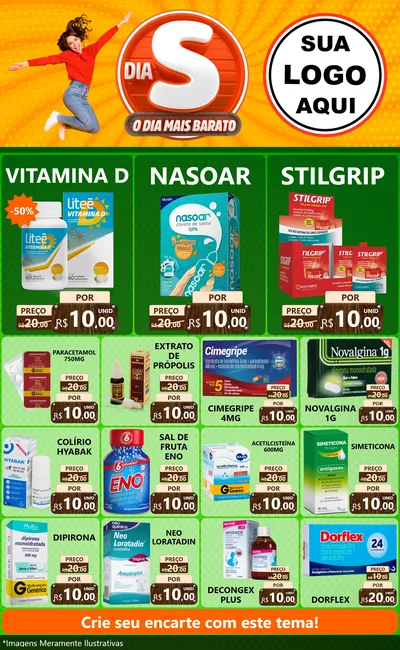 Modelo de Encarte para Encarte Grande com o tema Dia S - O Dia Mais Barato para Farmácia