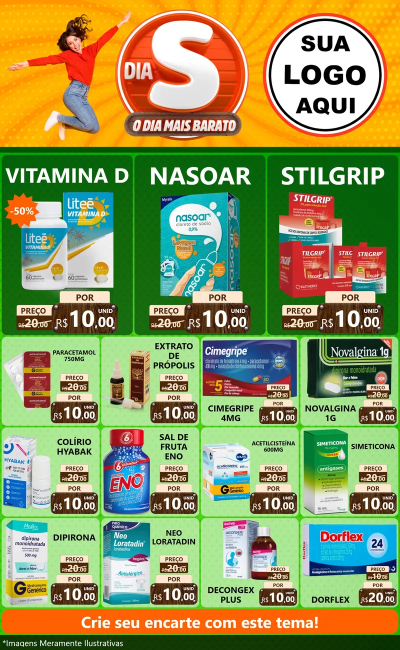 Modelo de Encarte para Encarte Grande com o tema Dia S - O Dia Mais Barato para Farmácia