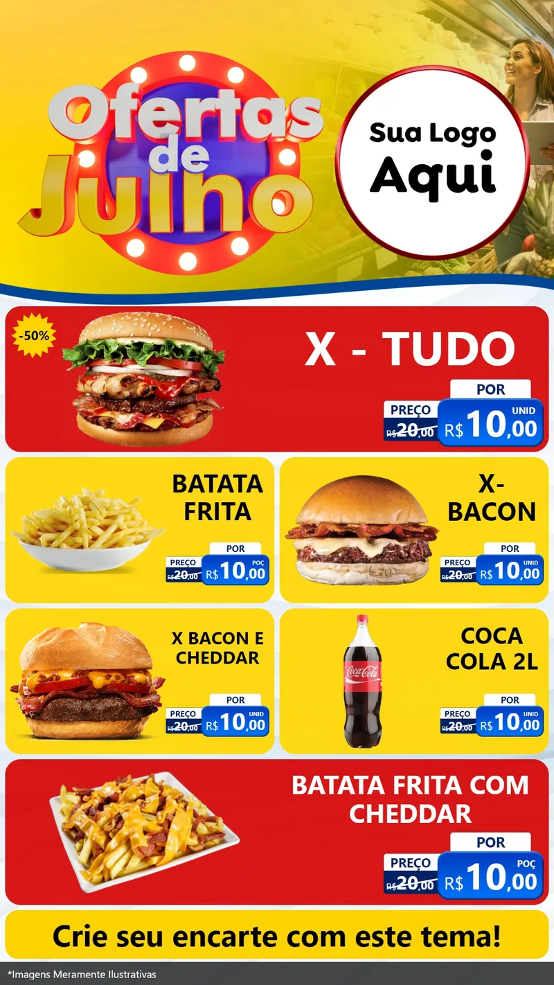 Modelo de TV para TV Vertical com o tema Ofertas de Julho para Hamburgueria