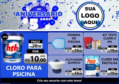 Modelo de Encarte para Encarte A4 Horizontal com o tema Promoção de Aniversário - 5 Anos para Produtos para Piscina