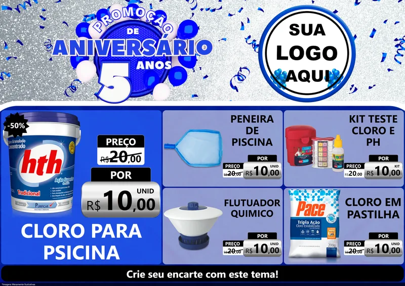 Modelo de Encarte para Encarte A4 Horizontal com o tema Promoção de Aniversário - 5 Anos para Produtos para Piscina