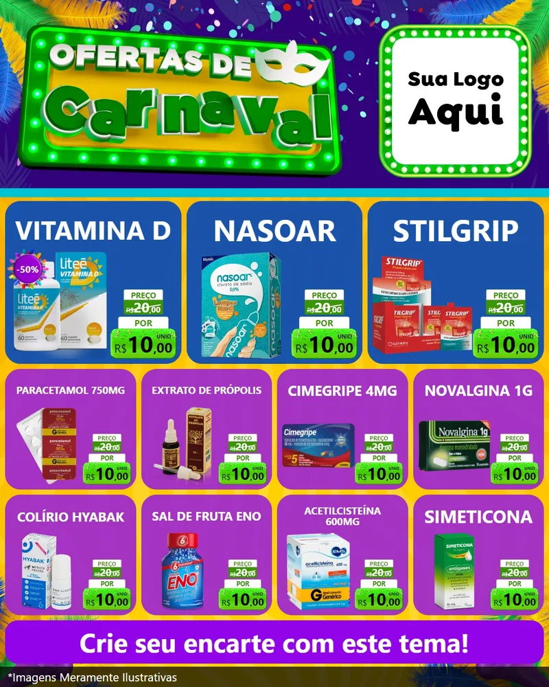 Modelo de Rede Social para Feed Instagram com o tema Ofertas de Carnaval para Farmácia