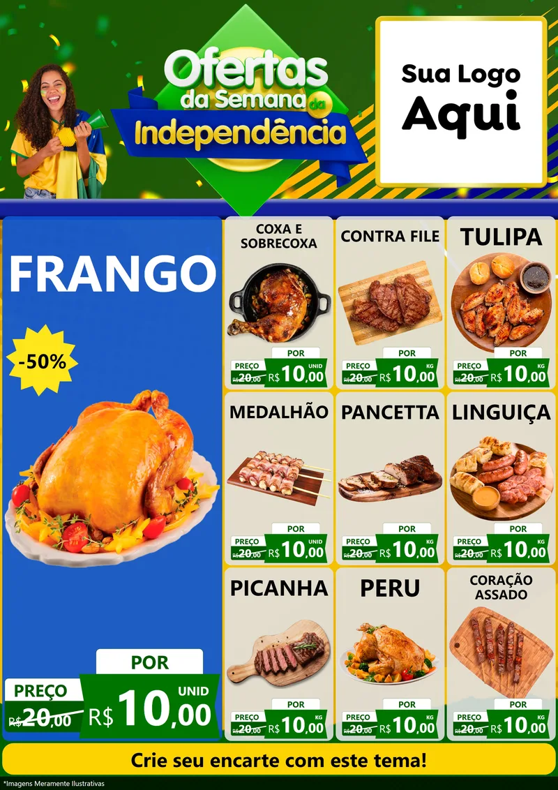 Modelo de Encarte para Encarte A4 Vertical com o tema Ofertas da Semana da Independência para Assados