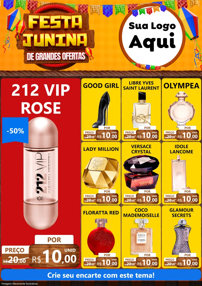 Modelo de Encarte para Encarte A4 Vertical com o tema Festa Junina de Grandes Ofertas para Perfumes