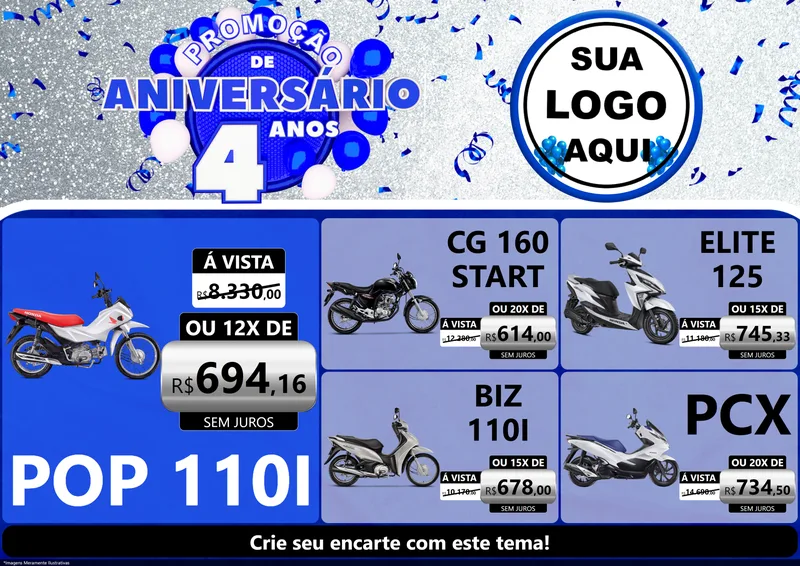 Modelo de Encarte para Encarte A4 Horizontal com o tema Promoção de Aniversário - 4 Anos para Concessionaria de Motos