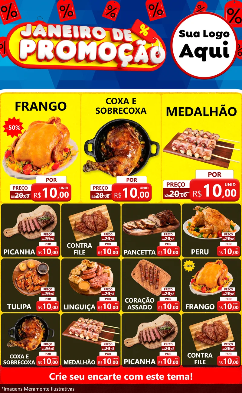 Modelo de Encarte para Encarte Grande com o tema Janeiro de Promoção para Assados