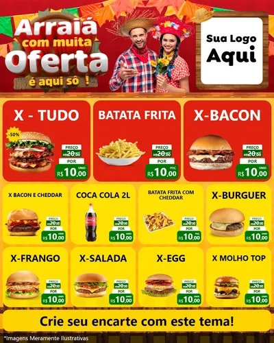 Modelo de Rede Social para Feed Instagram com o tema Arraiá Com Muita Oferta - É Aqui Sô! para Hamburgueria