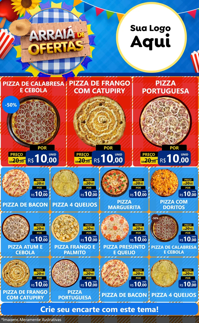 Modelo de Encarte para Encarte Grande com o tema Arraiá de Ofertas para Pizzaria
